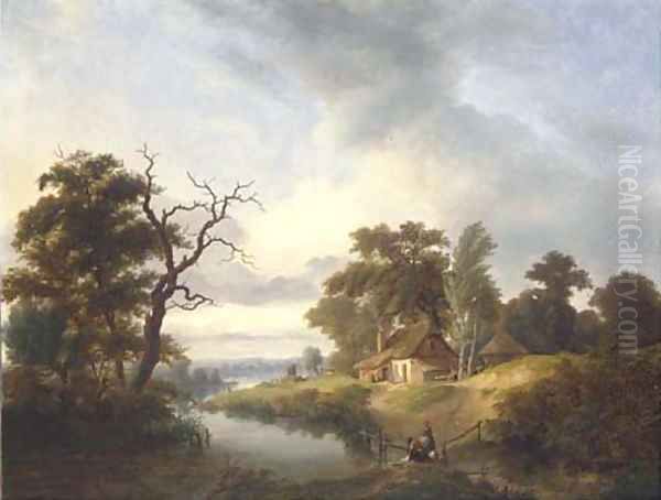 Washerwomen by a river with a cottage beyond Oil Painting by Johann Hendrik Morrien