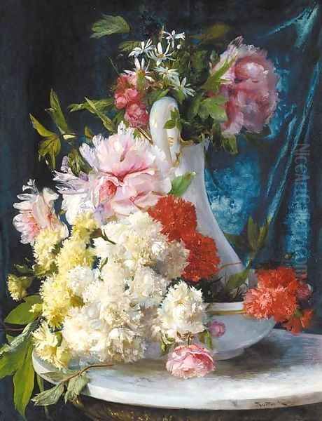 Summer flowers in a glass pitcher and bowl Oil Painting by Ricardo Marti