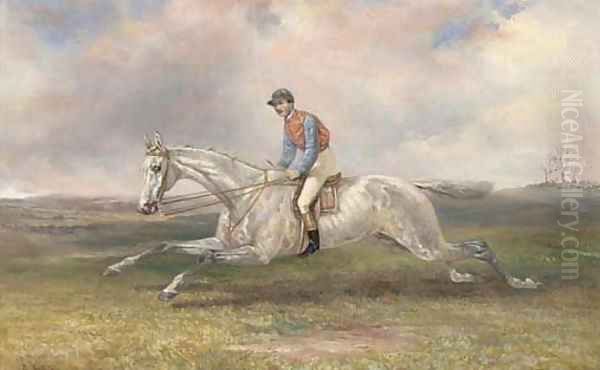 A jockey on a grey in full gallop Oil Painting by Thomas Hillier Mew