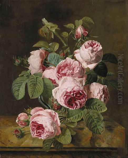 Pink roses in a glass vase on a marble edge Oil Painting by Vicomtesse Iphignie Decaux, Ne Milet-Moreau