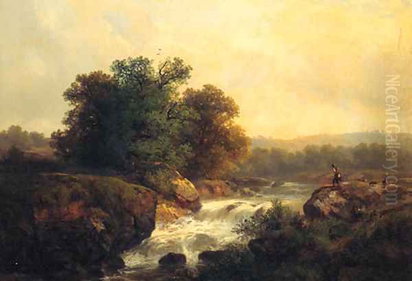 An Alpine Landscape With A Boy Standing Near A River Oil Painting by Karl Millner