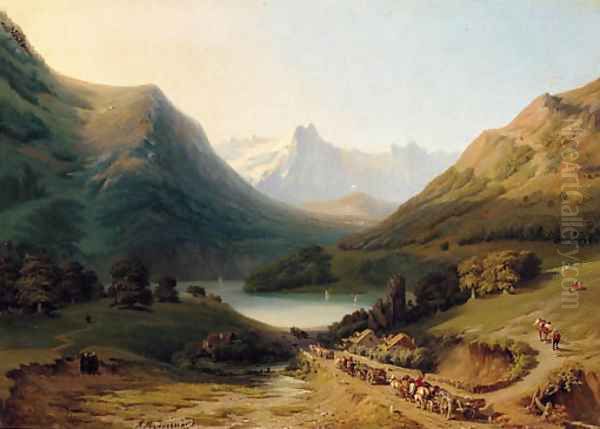 Travellers on their way to a lake Oil Painting by Auguste Dominique Mennessier