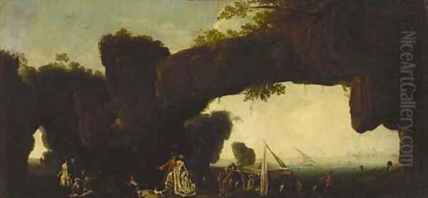 A rocky coastline with an elegant couple promenading before a natural arch and a canopied boat, Constantinople () in the distance Oil Painting by Domenico Marchi (Domenico Tempesta)