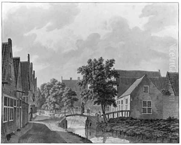 A View of the Voldersgracht in Haarlem, with a man crossing a bridge Oil Painting by Frans Andreas Milatz