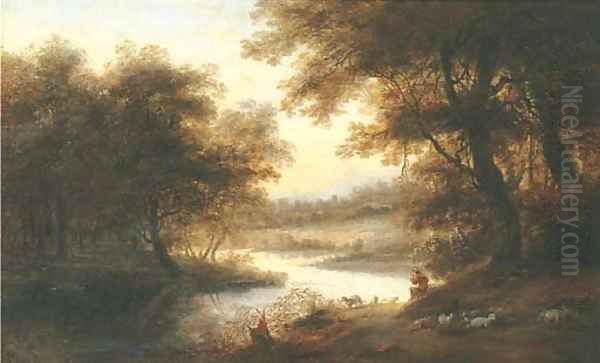 A wooded river landscape with a shepherd and his flock Oil Painting by Jan Marienhof