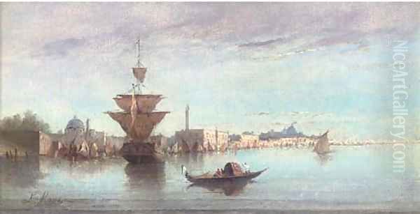 Vessels on the Venetian Lagoon, a capriccio Oil Painting by Louis Mayer