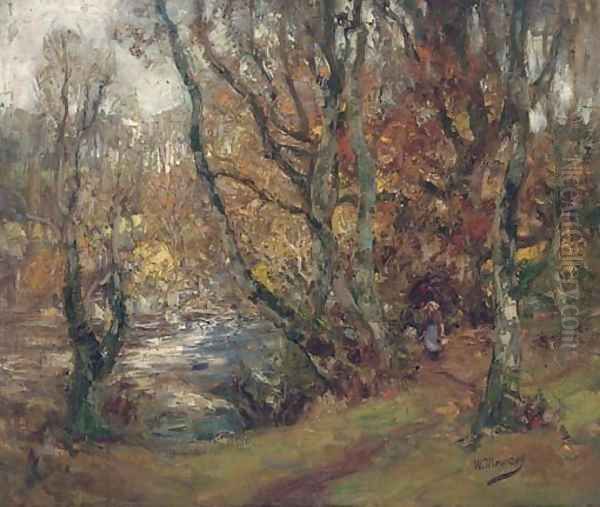 A figure in a wooded river landscape Oil Painting by William Mouncey