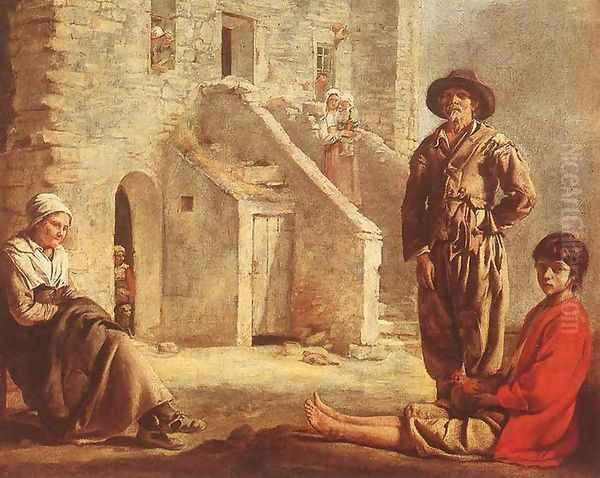 Peasants at their Cottage Door 1640s Oil Painting by Le Nain Brothers