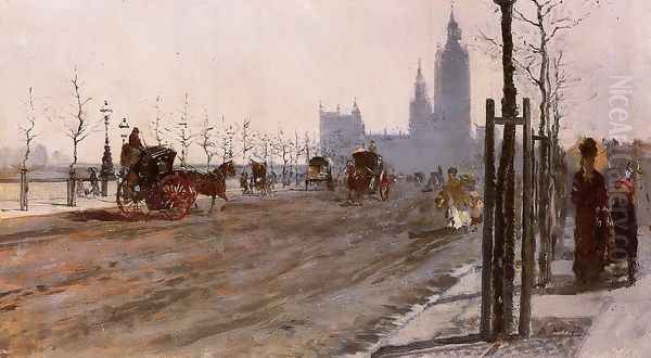 The Victoria Embankment, London Oil Painting by Giuseppe de Nittis