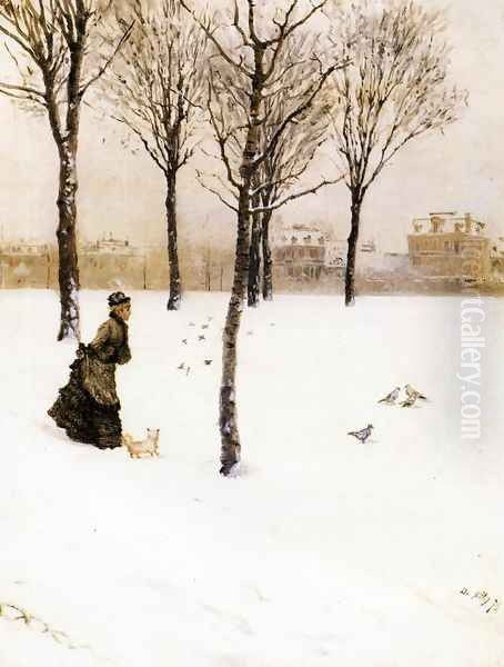 A Winter's Landscape Oil Painting by Giuseppe de Nittis