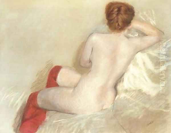 Nude with red Stockings Oil Painting by Giuseppe de Nittis