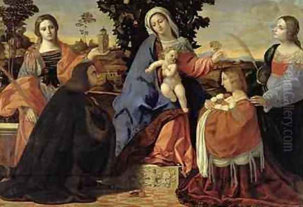 Sacred Conversation with Saints Barbara and Justina Oil Painting by Palma Vecchio (Jacopo Negretti)