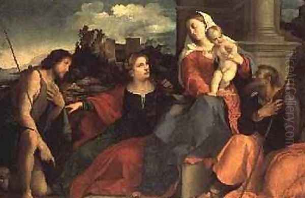 Madonna and Child with St. John the Baptist and Saints, 1530 Oil Painting by Palma Vecchio (Jacopo Negretti)