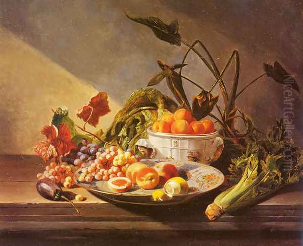 A Still Life With Fruit And Vegetables On A Table Oil Painting by David Emil Joseph de Noter