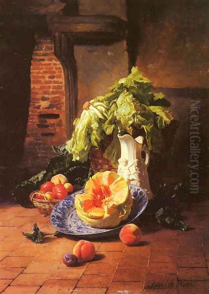 A Still Life With A White Porcelain Pitcher, Fruit And Vegetables Oil Painting by David Emil Joseph de Noter