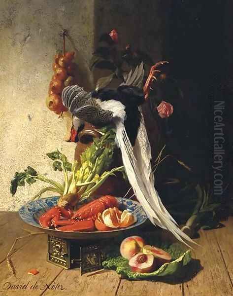 A kitchen still life with a pheasant, a lobster, various fruits and vegetables Oil Painting by David Emil Joseph de Noter