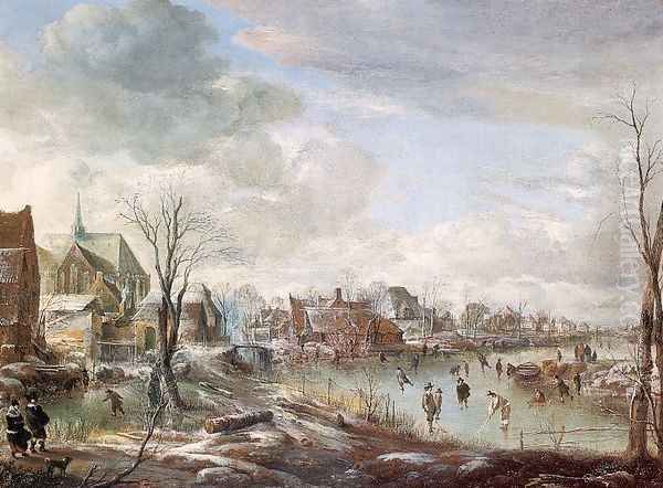 A Frozen River near a Village, with Golfers and Skaters 1648 Oil Painting by Aert van der Neer