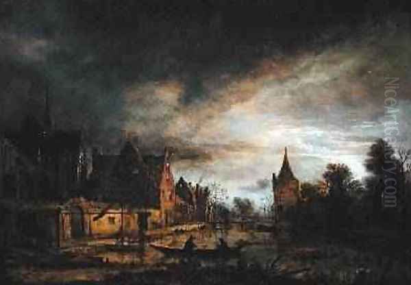 A Moonlit Village Landscape with Two Men in a Boat Oil Painting by Aert van der Neer