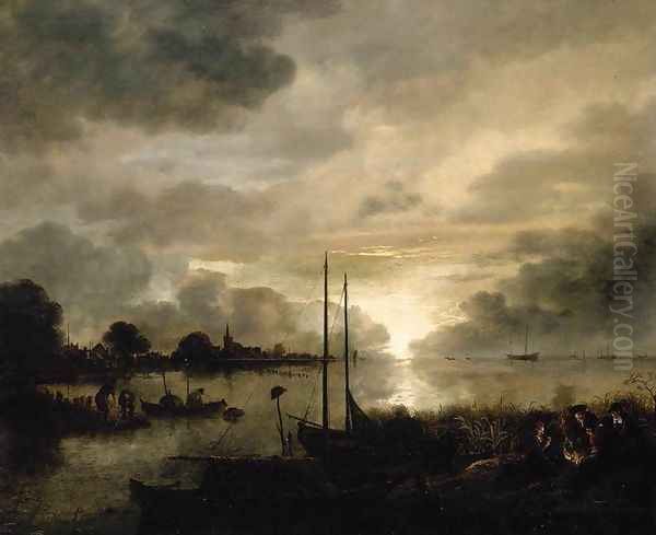 Estuary Landscape by Moonlight Oil Painting by Aert van der Neer