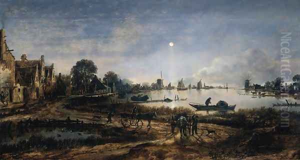 River View by Moonlight Oil Painting by Aert van der Neer