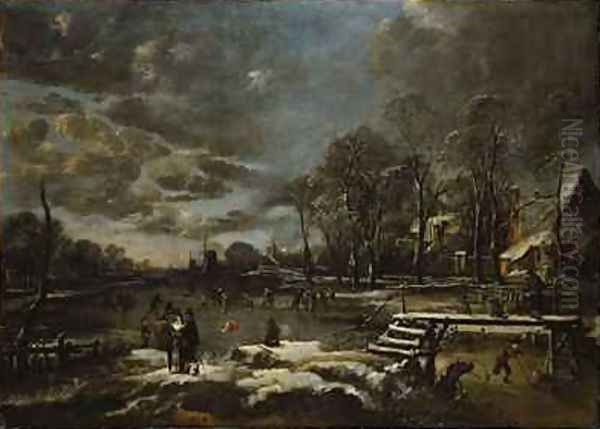 A Winter River Landscape with Figures Playing Golf and Skating Oil Painting by Aert van der Neer