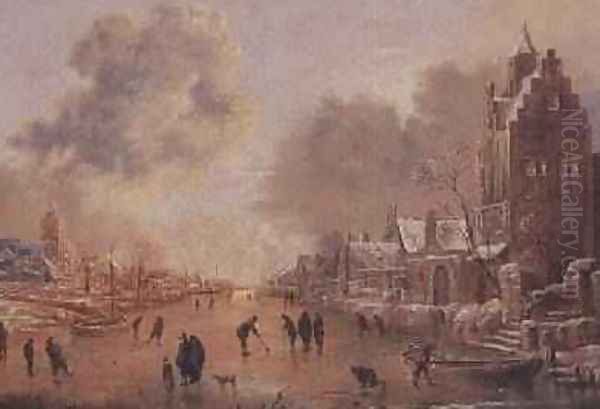 A Canal in Winter Oil Painting by Aert van der Neer