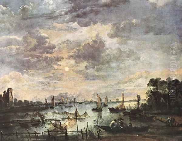 Fishing at Moonlight Oil Painting by Aert van der Neer