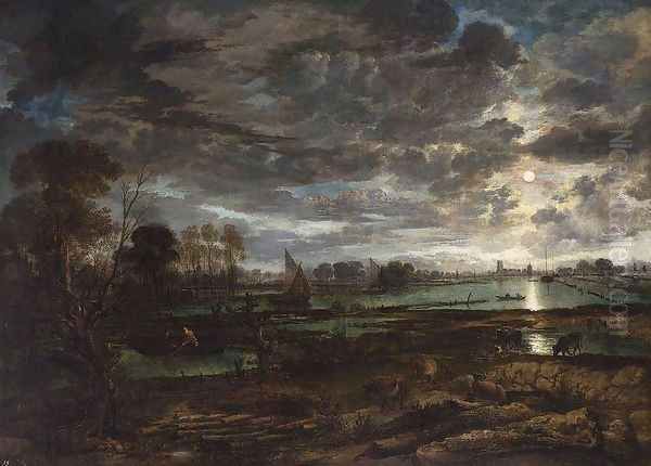 River Landscape c. 1650 Oil Painting by Aert van der Neer