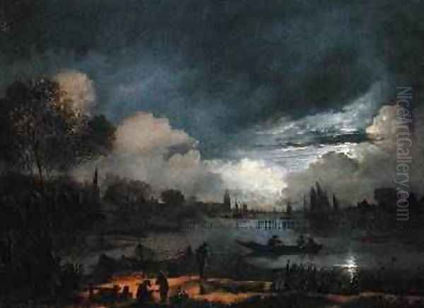 A Moonlit River Landscape Oil Painting by Aert van der Neer