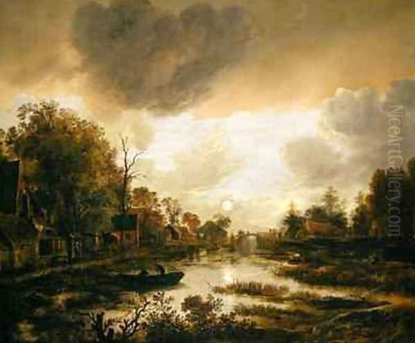 A River Landscape by Moonlight Oil Painting by Aert van der Neer