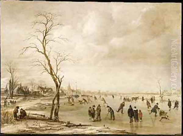 A Winter Landscape with Townsfolk Skating and Playing Kolf on a Frozen River a Town Beyond Oil Painting by Aert van der Neer