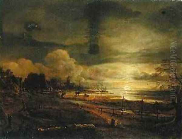 Canal at Moonrise Oil Painting by Aert van der Neer