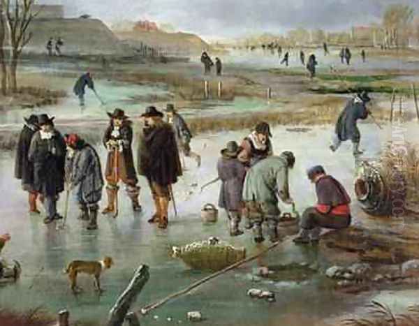 Ice Skating outside the City Walls detail of ice hockey players Oil Painting by Aert van der Neer