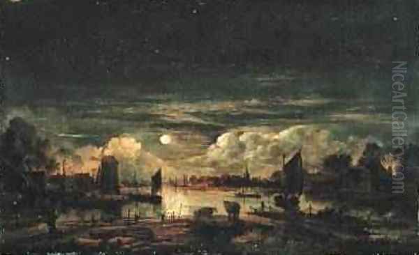 Moonlit Landscape Oil Painting by Aert van der Neer