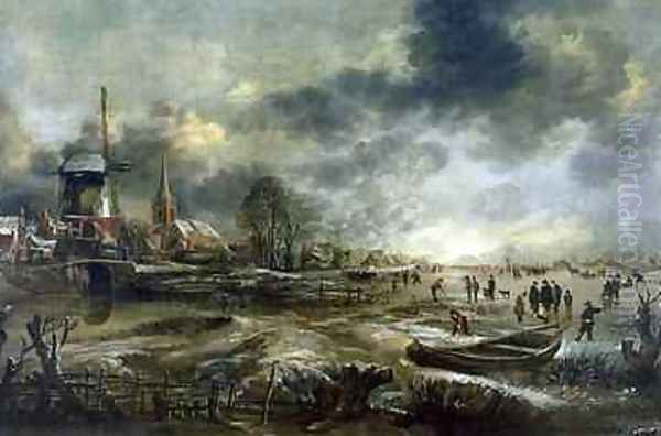 Frozen River Scene Oil Painting by Aert van der Neer