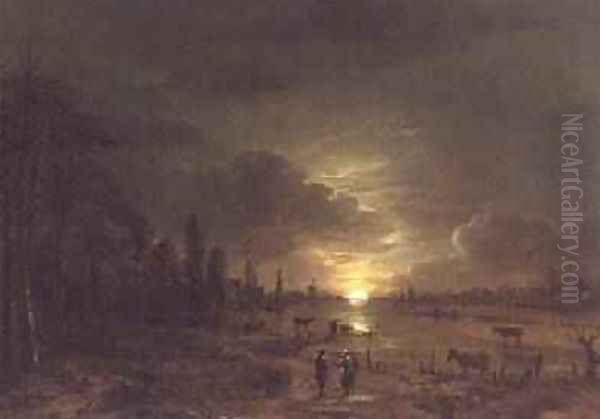 River Landscape with Rising Moon Oil Painting by Aert van der Neer