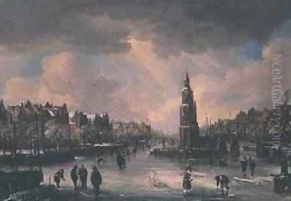 Town on a Frozen River Oil Painting by Aert van der Neer