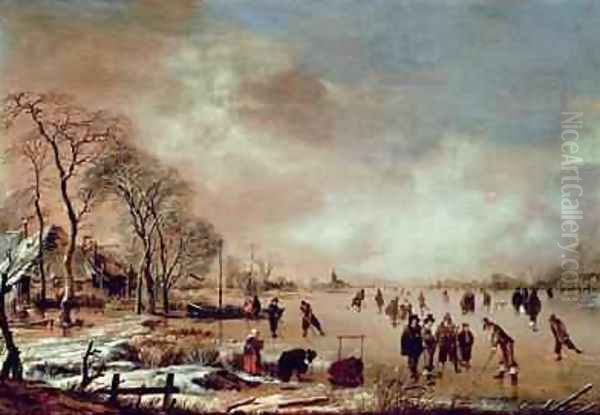 Frozen Canal Scene Oil Painting by Aert van der Neer