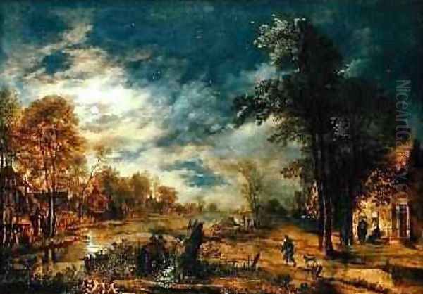 Moonlit Landscape with a Village Oil Painting by Aert van der Neer