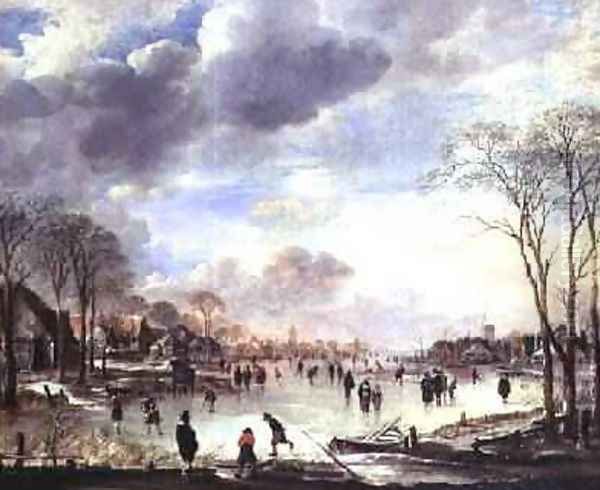 Winter Landscape with Figures on a Frozen Canal Oil Painting by Aert van der Neer