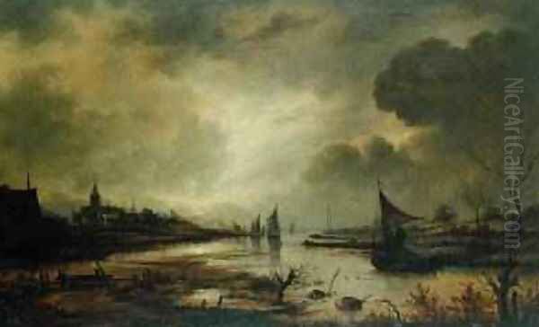 Dutch Town on a River by Moonlight Oil Painting by Aert van der Neer