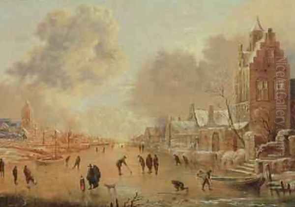 Frozen River with Skaters Oil Painting by Aert van der Neer