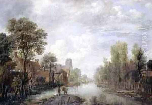 Landscape with a canal Oil Painting by Aert van der Neer