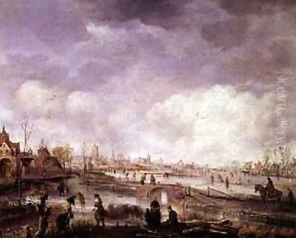 Town on a Frozen River 2 Oil Painting by Aert van der Neer