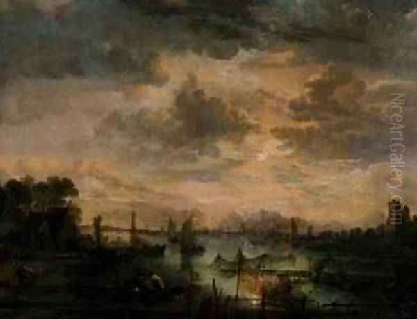 Moonlit scene with fishermen Oil Painting by Aert van der Neer