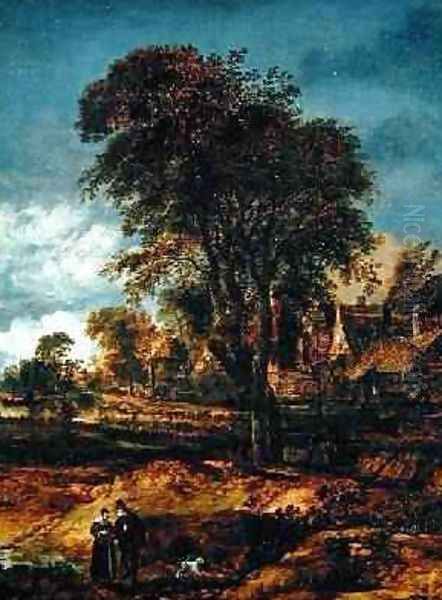 Moonlit wooded landscape with a couple conversing Oil Painting by Aert van der Neer