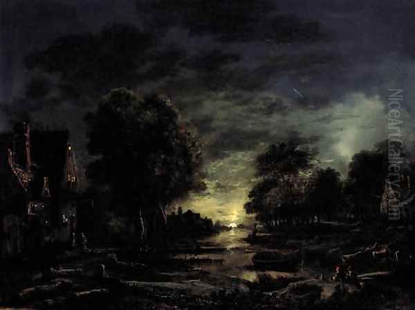 A moonlight river landscdape with two men resting on the bank Oil Painting by Aert van der Neer