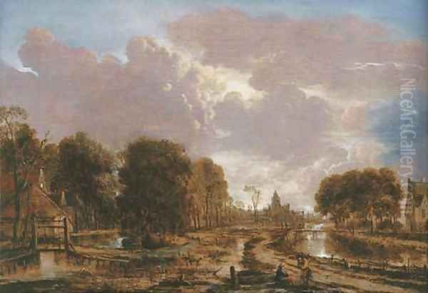 A wooded landscape with peasants conversing on a road by a canal, a cottage to the left, a town beyond Oil Painting by Aert van der Neer