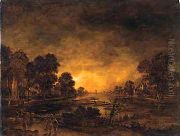 A moonlit riverlandscape with a driver and cattle on a track, a castle and a village beyond Oil Painting by Aert van der Neer