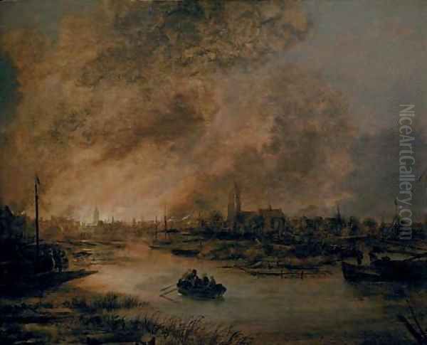 A river landscape at night with a rowing boat, a burning city beyond Oil Painting by Aert van der Neer